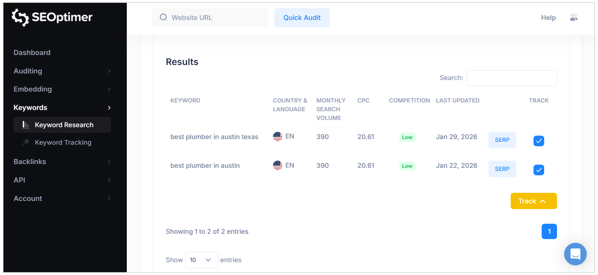 Add keywords to tracked website